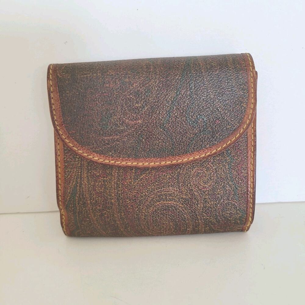 Etro Vintage Brown Paisley Medium Leather Wallet Compact Logo Italian Bifold‎